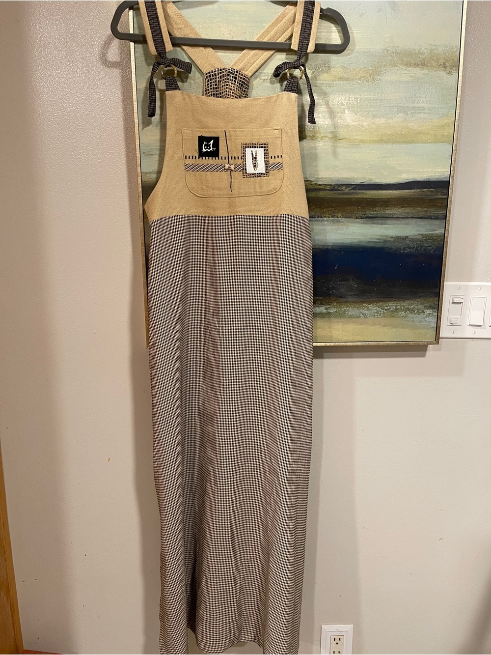 Vintage K.D. Spring Two-Tone Houndstooth Maxi  Dress in the Camel & Brown